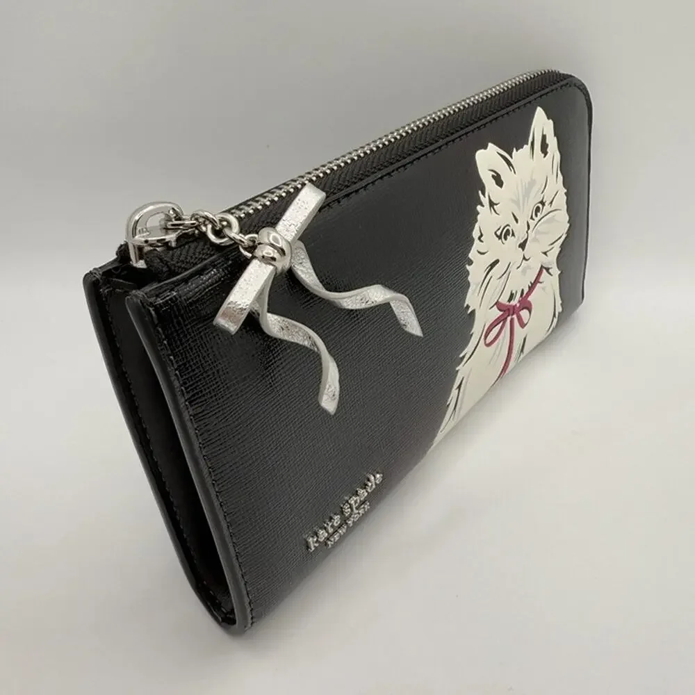 Kate Spade Whiskers Zip Around Continental Wallet KI714 Black with White Cat - Picture 7 of 12